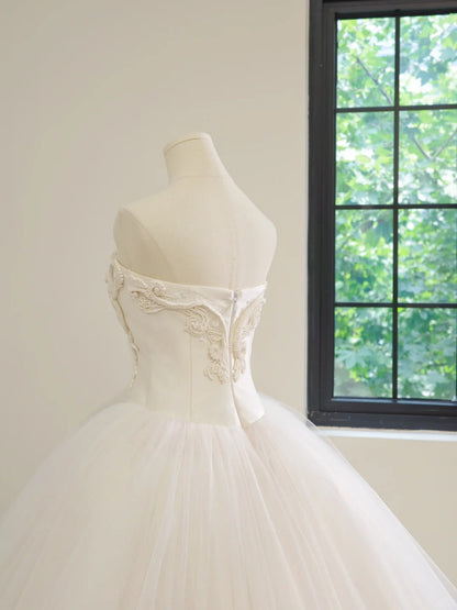 Timeless Strapless Bridal Dress A-Line Modest Tulle Ball Gown White Long Wedding Dress DH02718