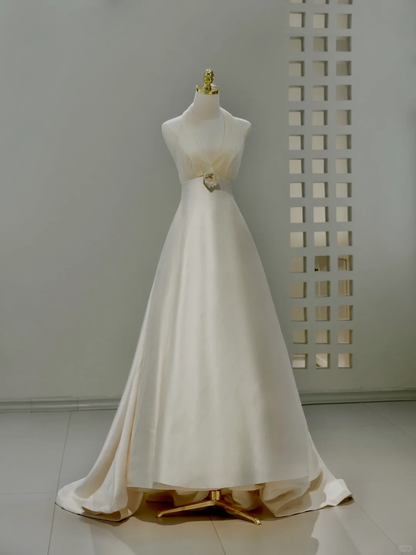 Princess Bridal Dress A Line Halter Ivory Satin Wedding Dress With Flower Wedding Dresses Modest Wedding Gowns DH2037