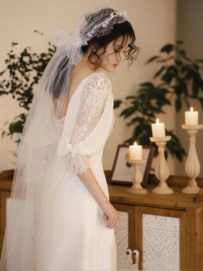 Romantic Wedding Gown Bridal Dress A Line Square Neck Satin Wedding Dress Ivory Wedding Dresses Modest Wedding Gowns DH2038