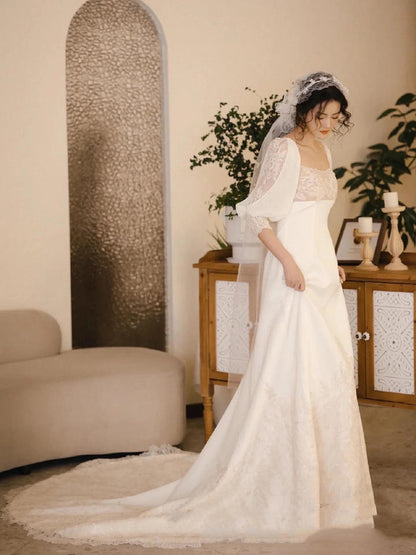 Romantic Wedding Gown Bridal Dress A Line Square Neck Satin Wedding Dress Ivory Wedding Dresses Modest Wedding Gowns DH2038