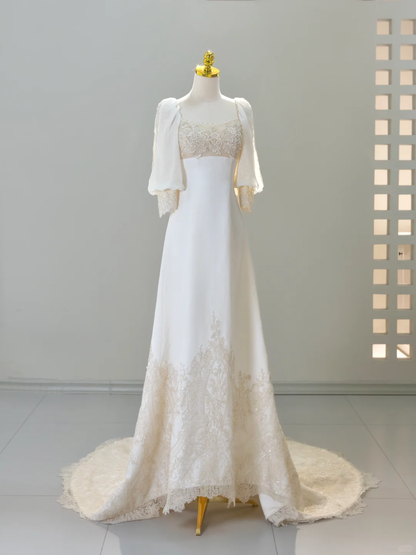 Romantic Wedding Gown Bridal Dress A Line Square Neck Satin Wedding Dress Ivory Wedding Dresses Modest Wedding Gowns DH2038
