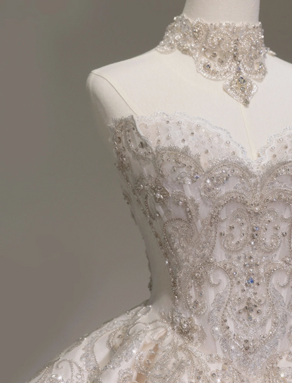 Romantic Wedding Gown Bridal Dress Ball Gown Strapless Wedding Dress White Lace Appliques Wedding Dresses Modest Wedding Gowns DH2040