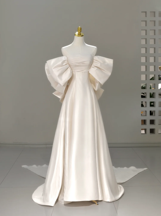 Princess Bridal Dress A line Off The Shoulder Ivory Satin Long Wedding Dress Simple Wedding Dresses Modest Wedding Gowns DH2043