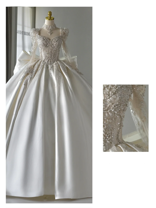 Romantic Wedding Gown Bridal Dress Ball Gown Square Neck Satin Wedding Dress Long Sleeves Wedding Dresses Modest Wedding Gowns DH2045