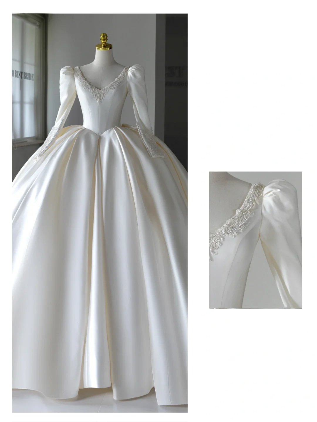 Princess Bridal Dress Ball Gown V Neck Ivory Satin Wedding Dress With Flower Wedding Dresses Modest Wedding Gowns DH2045