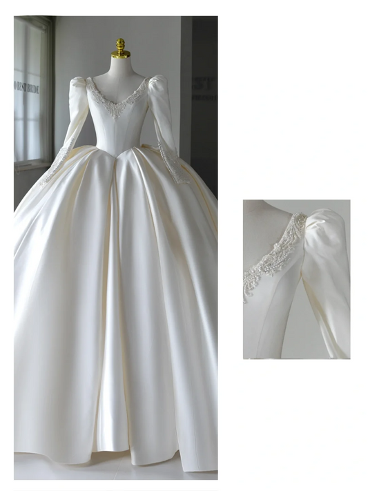 Princess Bridal Dress Ball Gown V Neck Ivory Satin Wedding Dress With Flower Wedding Dresses Modest Wedding Gowns DH2045