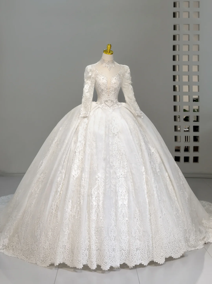 Romantic Wedding Gown Bridal Dress Ball Gown High Neck Lace Wedding Dress White Wedding Dresses Modest Wedding Gowns DH2046