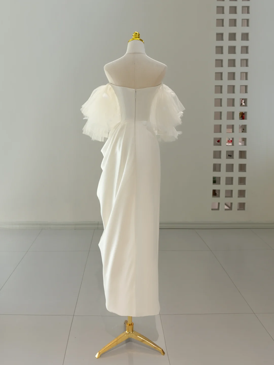 Unique Wedding Dress A line Off The Shoulder Satin White Long Wedding Dresses Bridal Gowns DH2058