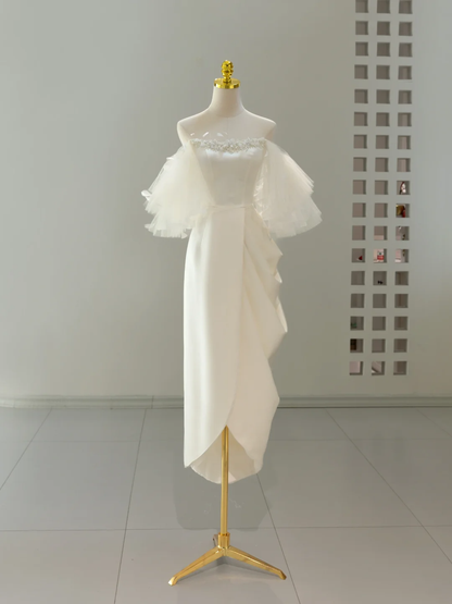 Unique Wedding Dress A line Off The Shoulder Satin White Long Wedding Dresses Bridal Gowns DH2058