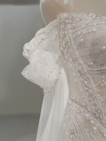 Unique Wedding Dress A Line Off The Shoulder Sequin Short Sleeves Wedding Dresses Bridal Gowns DH2063