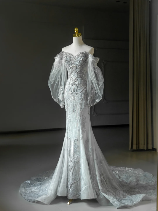 Princess Bridal Dress Mermaid Off The Shoulder Lace Tulle Long Sleeves Wedding Dress With Long Sleeves Wedding Dresses Modest Wedding Gowns DH2065