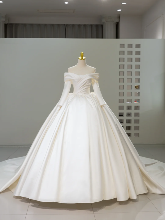 Unique Wedding Dress Ball Gown Off The Shoulder Satin Long Sleeves Wedding Dresses Bridal Gowns DH2068