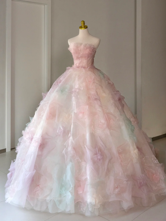 Pretty Ball Gown Strapless Pink Tulle Long Floral Quinceanera Dress Formal Gowns Sweet 17 Dresses Vestido De 15 Anos Sweet 16 Dress DH2071