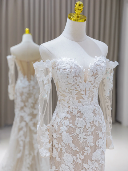 Unique Wedding Dress Mermaid Off The Shoulder Lace Long Sleeves 70s Wedding Dresses Bridal Gowns DH2080