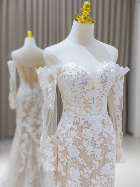 Unique Wedding Dress Mermaid Off The Shoulder Lace Long Sleeves 70s Wedding Dresses Bridal Gowns DH2080