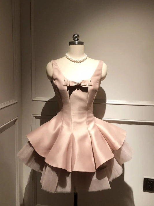 Unique A line Scoop Pink Satin Short Mini Formal 8th Grade Homecoming Dresses Middle School Short Cocktail Dress Hoco Outfits DH2096