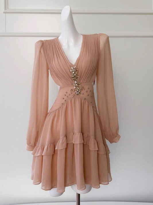 Simple A line V Neck Chiffon Mini Short Formal Cocktail Dress Homecoming Dresses Summer Middle School Hoco Dress Homecoming Outfits Birthday Outfit DH2179