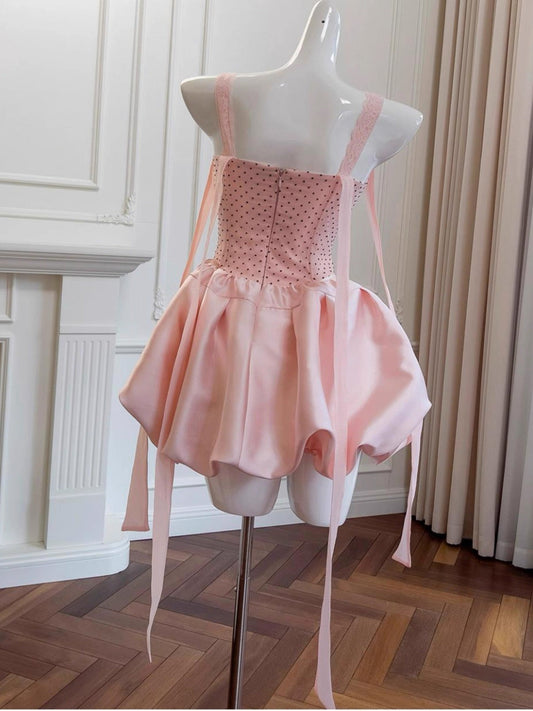 Pretty Ball Gown Straps Pink Satin Formal Homecoming Dress Middle School Short 21st Birthday Outfits Graduation Dress Mini Cocktail Dresses DH2183