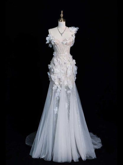 Unique Wedding Dress Mermaid Spaghetti Straps Lace White Sleeveless Long Wedding Dresses Bridal Gowns DH2297