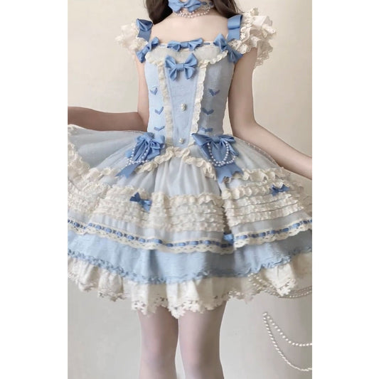 Vintage Ball Gown Square Neck Blue Lace Summer 16th Birthday Dress Lolita Dress Mini 18th Birthday Outfits Short Lolita Outfit DH2408