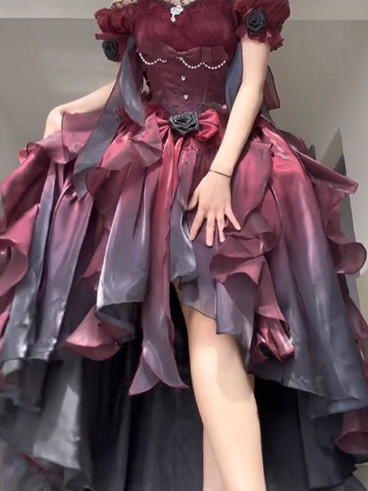 Vintage Ball Gown Off The Shoulder Half Sleeves 21st Birthday Dress Lolita Dress Burgundy Birthday Outfits DH2419