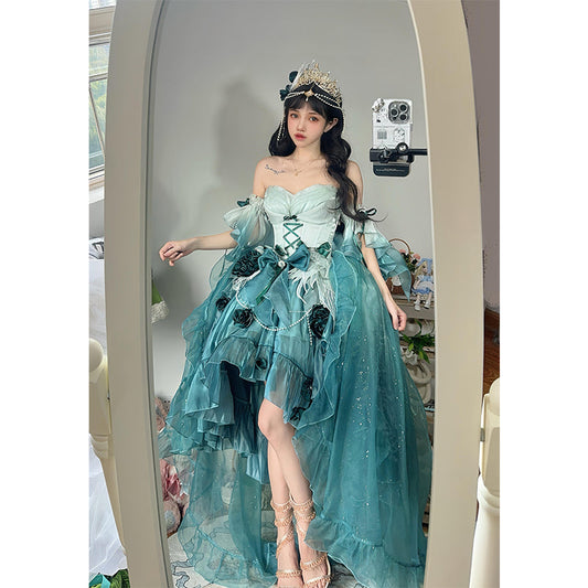 Vintage Ball Gown Spaghetti Straps Chiffon Green Summer 18th Birthday Dress High Low Ombre Pink Lolita Dress 18th Birthday Outfits DH2424