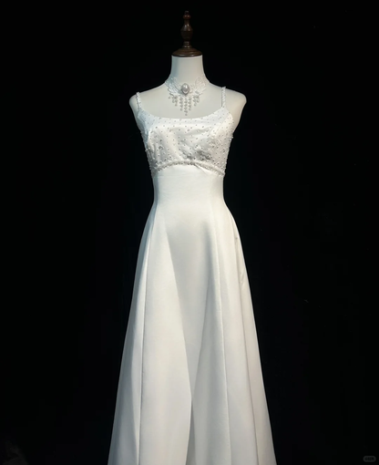 Vintage Bridal Dress A Line Spaghetti Straps Satin White Beads Long Wedding Dress Retro Wedding Dresses Modest Wedding Gowns DH2666