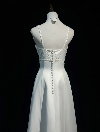 Vintage Bridal Dress A Line Spaghetti Straps Satin White Beads Long Wedding Dress Retro Wedding Dresses Modest Wedding Gowns DH2666