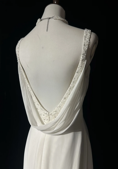 Vintage Bridal Dress Mermaid Spaghetti Straps Backless Chiffon White Beads Long Wedding Dress Retro Wedding Dresses Modest Wedding Gowns DH2669