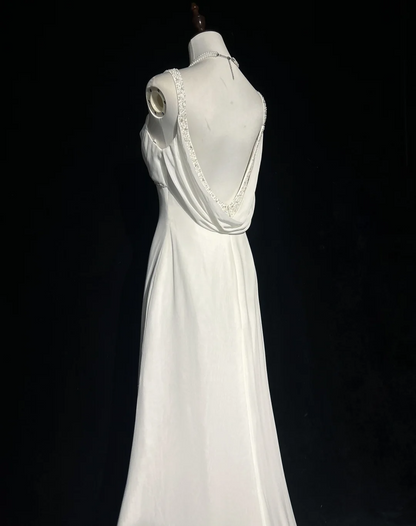 Vintage Bridal Dress Mermaid Spaghetti Straps Backless Chiffon White Beads Long Wedding Dress Retro Wedding Dresses Modest Wedding Gowns DH2669