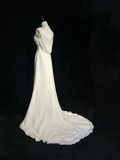 Vintage Bridal Dress Mermaid Spaghetti Straps Backless Chiffon White Beads Long Wedding Dress Retro Wedding Dresses Modest Wedding Gowns DH2669