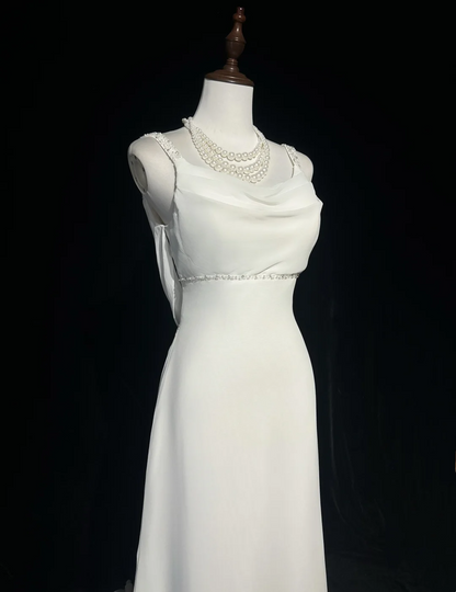 Vintage Bridal Dress Mermaid Spaghetti Straps Backless Chiffon White Beads Long Wedding Dress Retro Wedding Dresses Modest Wedding Gowns DH2669