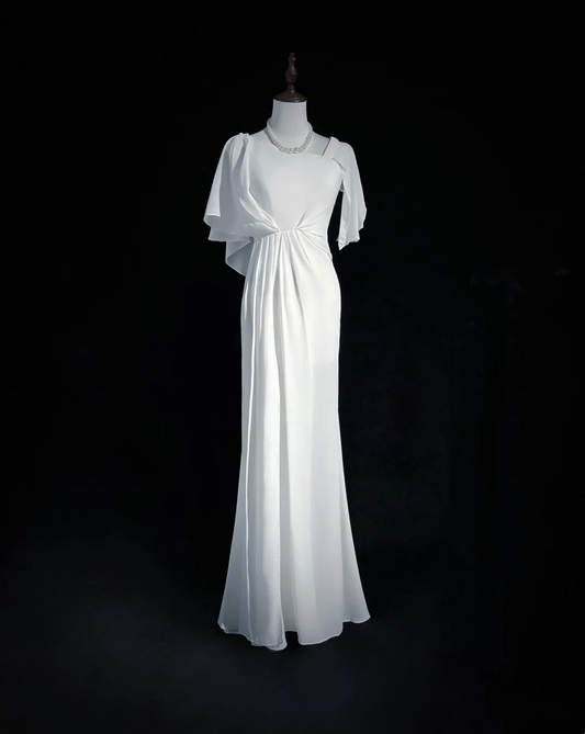 Vintage Bridal Dress Mermaid Square Neck Chiffon White Long Wedding Dress Retro Wedding Dresses Modest Wedding Gowns DH2674