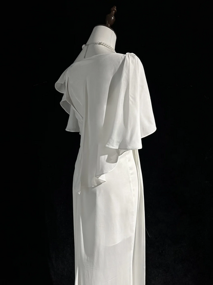 Vintage Bridal Dress Mermaid Square Neck Chiffon White Long Wedding Dress Retro Wedding Dresses Modest Wedding Gowns DH2674