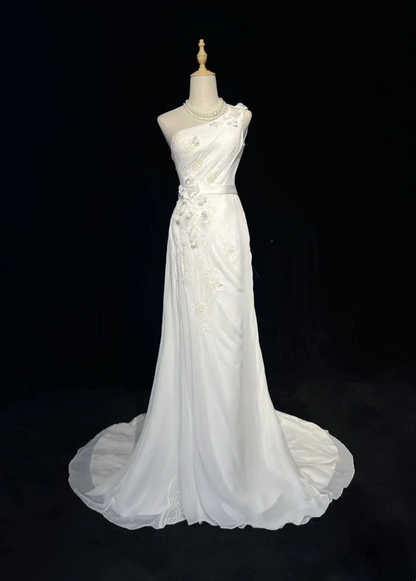 Vintage Bridal Dress Mermaid One Shoulder Chiffon White Long Wedding Dress Retro Wedding Dresses Modest Wedding Gowns DH2676