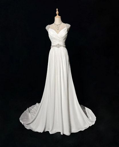 Vintage Bridal Dress A line Sweetheart Chiffon Silver Beads White Long Wedding Dress Retro Wedding Dresses Modest Wedding Gowns DH2678