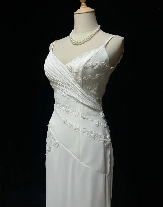Vintage Bridal Dress Mermaid Spaghetti Straps Chiffon Beads White Long Wedding Dress Retro Wedding Dresses Modest Wedding Gowns DH2679