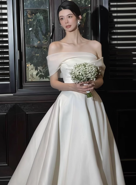 Elegant Off Shoulder A-Line Tulle Long Wedding Dress Simple Bridal Gowns DH2685