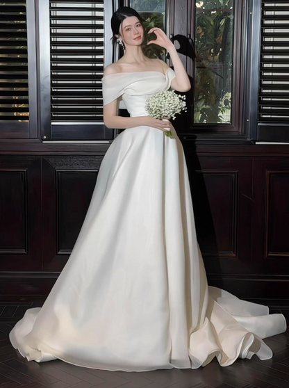 Elegant Off Shoulder A-Line Tulle Long Wedding Dress Simple Bridal Gowns DH2685
