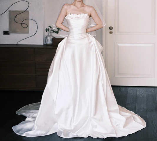 Stunning Strapless Long Ball Gowns Satin Floor-length Wedding Dress Simple Bridal Gown DH2687
