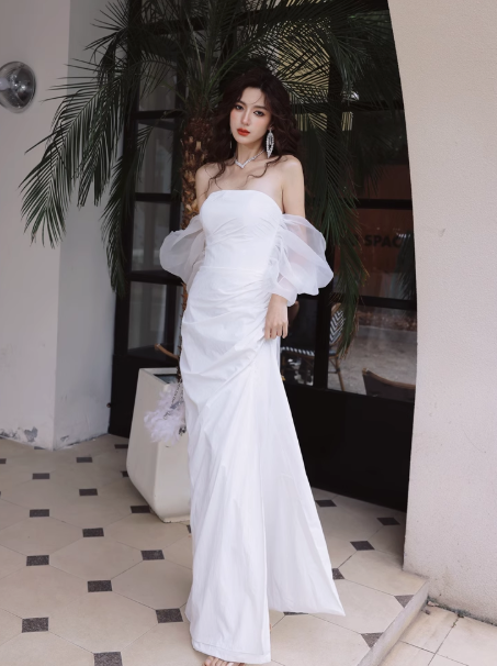 Elegant Off Shoulder Long Sheath Satin Wedding Dress Simple Bridal Gown DH2688
