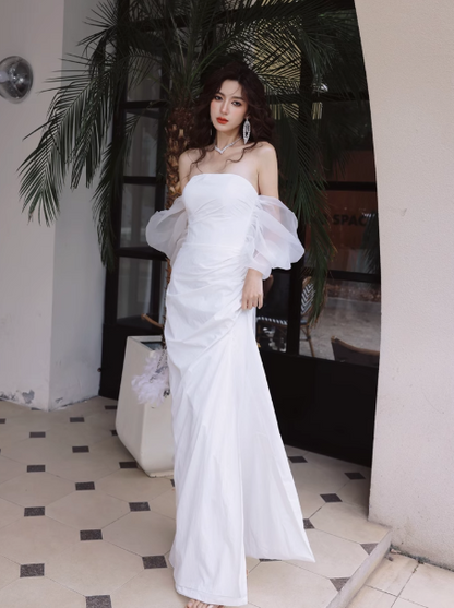Elegant Off Shoulder Long Sheath Satin Wedding Dress Simple Bridal Gown DH2688