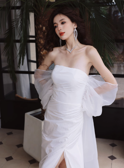 Elegant Off Shoulder Long Sheath Satin Wedding Dress Simple Bridal Gown DH2688