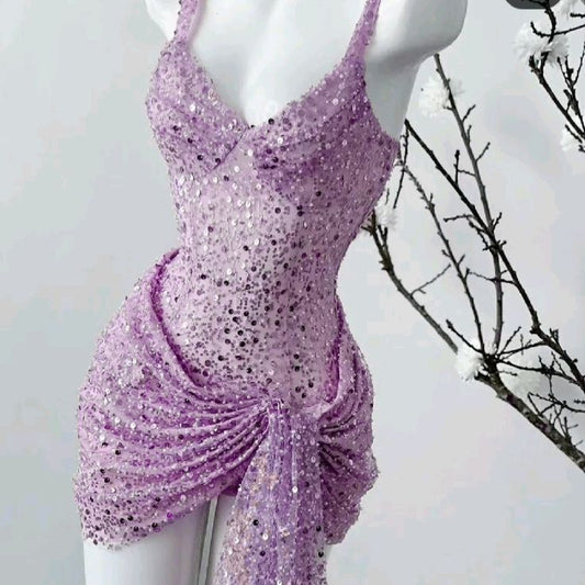 Unique Sheath Straps Sequin Lilac Formal Tight Homecoming Dresses 8th Grad Dance Graduation Dress Short Hoco Dresses DH2689