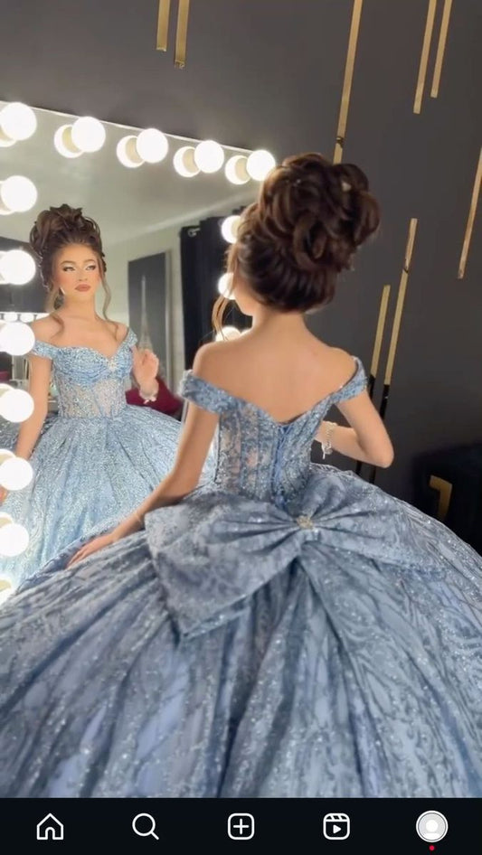 Gorgeous Blue Applique Ball Gowns Tulle Off-the-shoulder Bowknot Long Quinceanera Dress Sparkly Sweet Birthday Dress DH2693