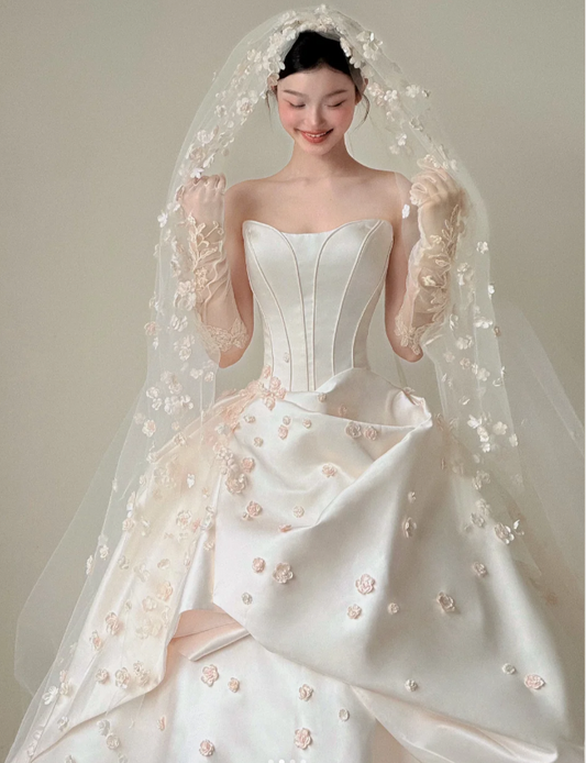 Modest White Strapless Long Ball Gown Elegant Wedding Dress Simple Quinceanera Dress DH2712