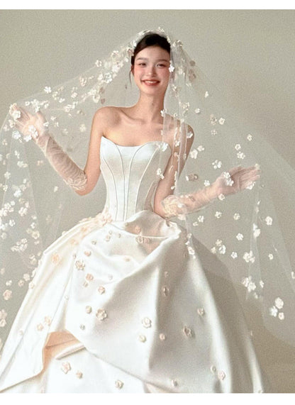 Modest White Strapless Long Ball Gown Elegant Wedding Dress Simple Quinceanera Dress DH2712