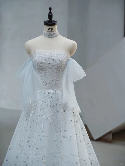 Timeless Bridal Dress A-Line Off Shoulder Tulle White Long Wedding Dress Modest Bridal Dress DH02717