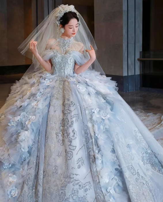 Unique Off-the-shoulder Bridal Dress with Tulle Appliques Ball Gown in Light Blue Sequin Long Wedding Dresses Luxury Floor Length Bridal Gowns DH2722