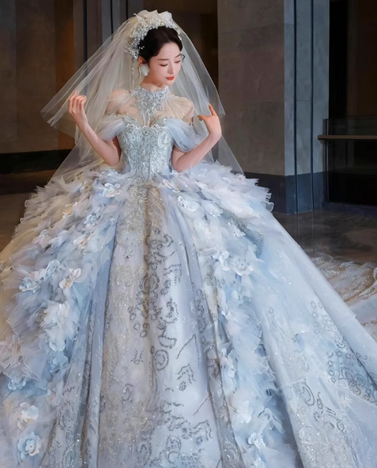 Unique Off-the-shoulder Bridal Dress with Tulle Appliques Ball Gown in Light Blue Sequin Long Wedding Dresses Luxury Floor Length Bridal Gowns DH2722